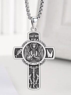 St. Raphael Angel 925 Sterling Silver Pendant Necklace Religion Jewelry w/Chain
